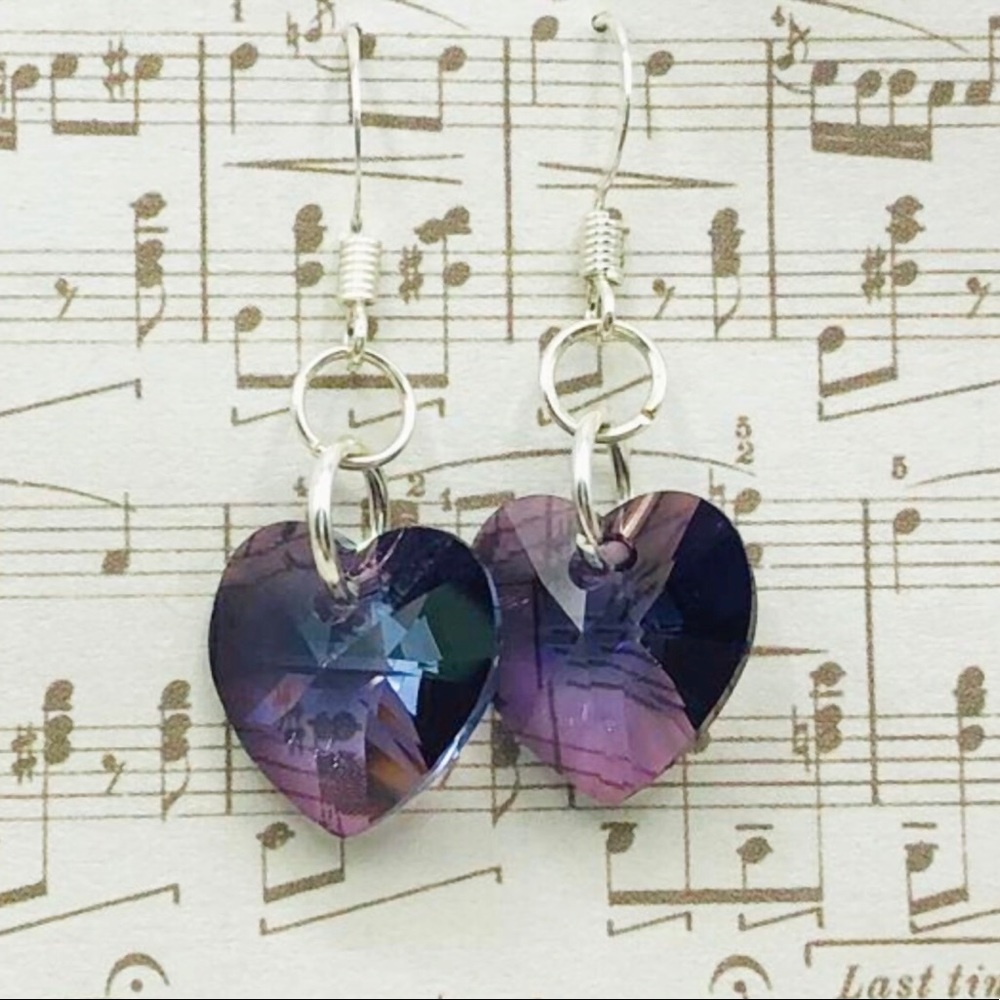Purple Amethyst Heart Crystal Silver Dangle Drop Earrings